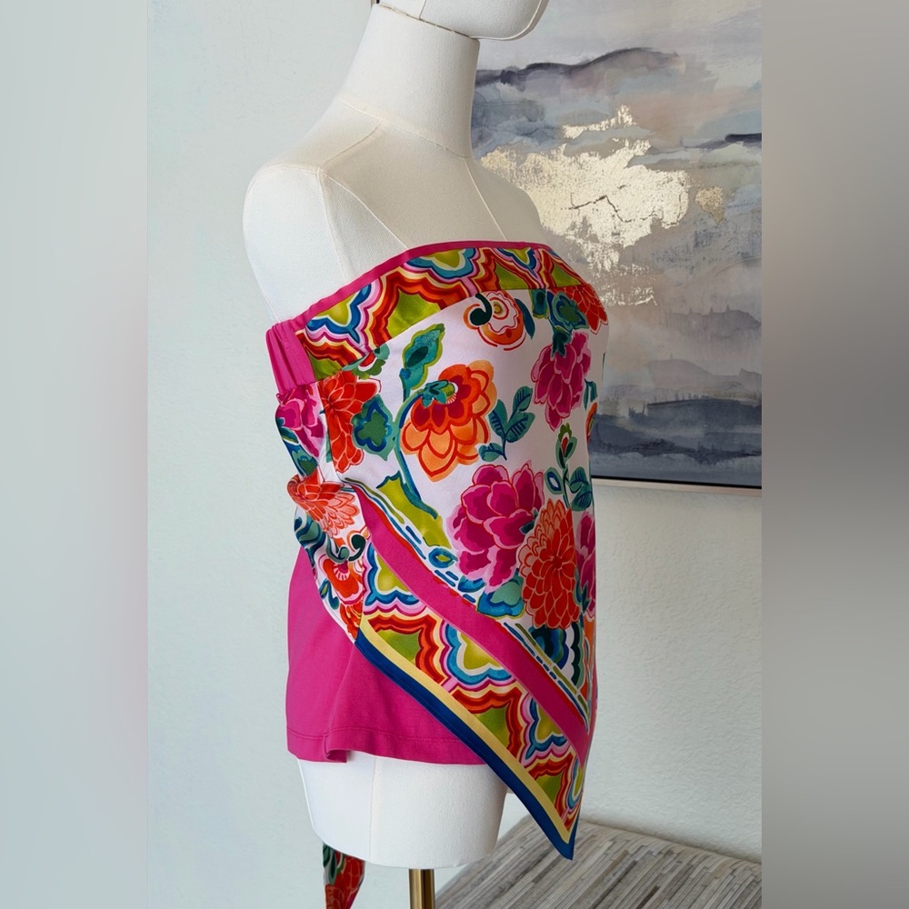 Caché Y2K Silk Scarf/Handkerchief Print Strapless Top Floral Bandana Hem - Picture 6 of 16